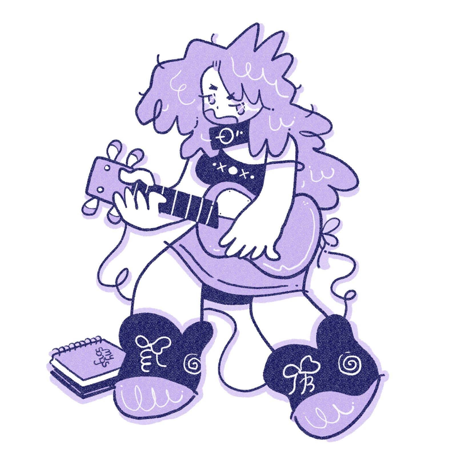An illustration of a musician playing guitar beside a songwriting notebook.