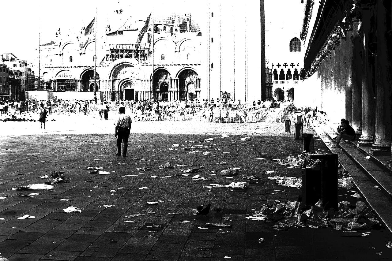 St. Mark's Square in Venice covered in litter the morning after Pink Floyd's 1989 concert