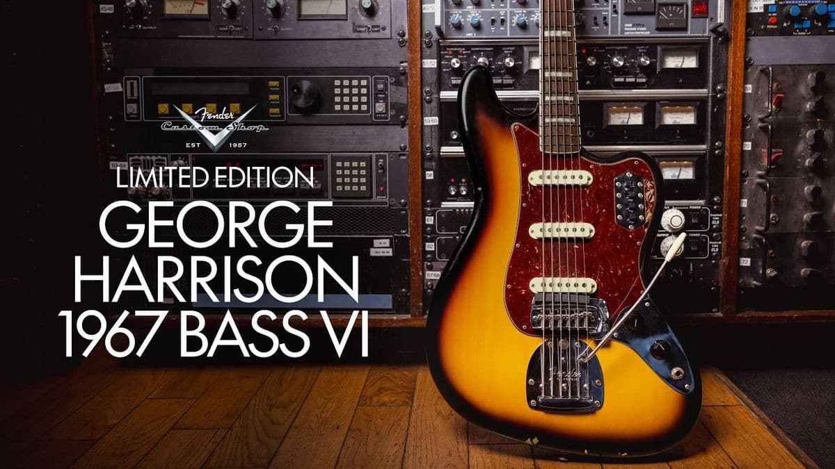 The Fender Custom Shop Limited Edition George Harrison 1967 Bass VI, sunburst finish, standing in a recording studio